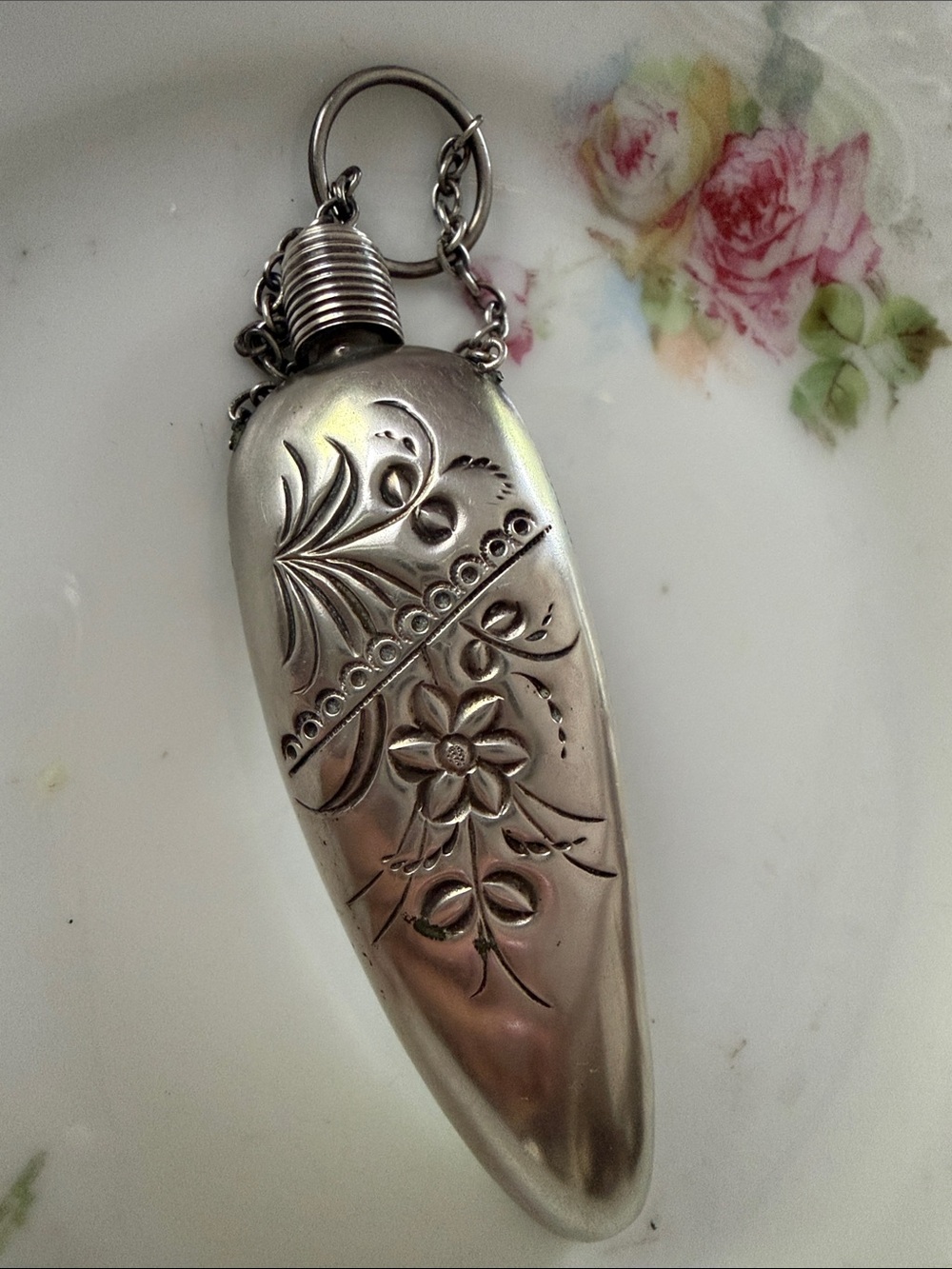 Antique Victorian Sterling Chatelaine Floral Repousse’ Perfume Flask